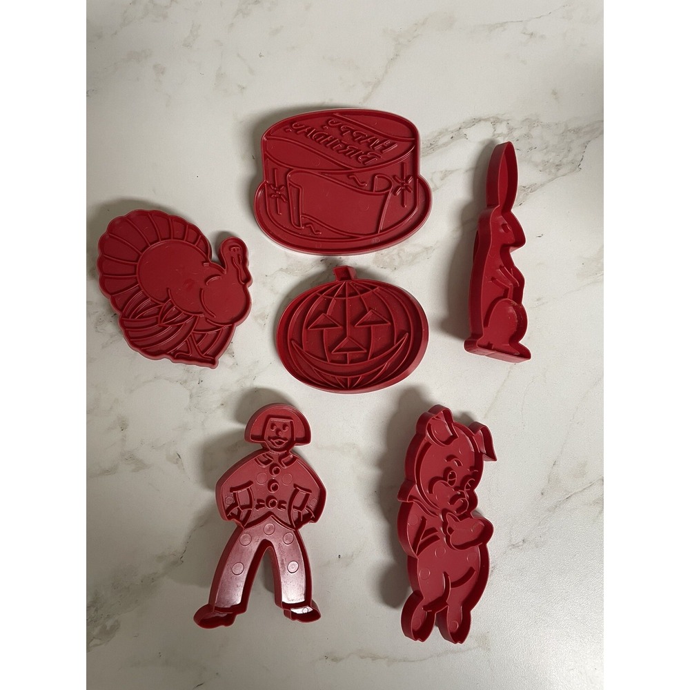 Vintage Tupperware Cookie Cutters Red Plastic with Handles Lot of 6